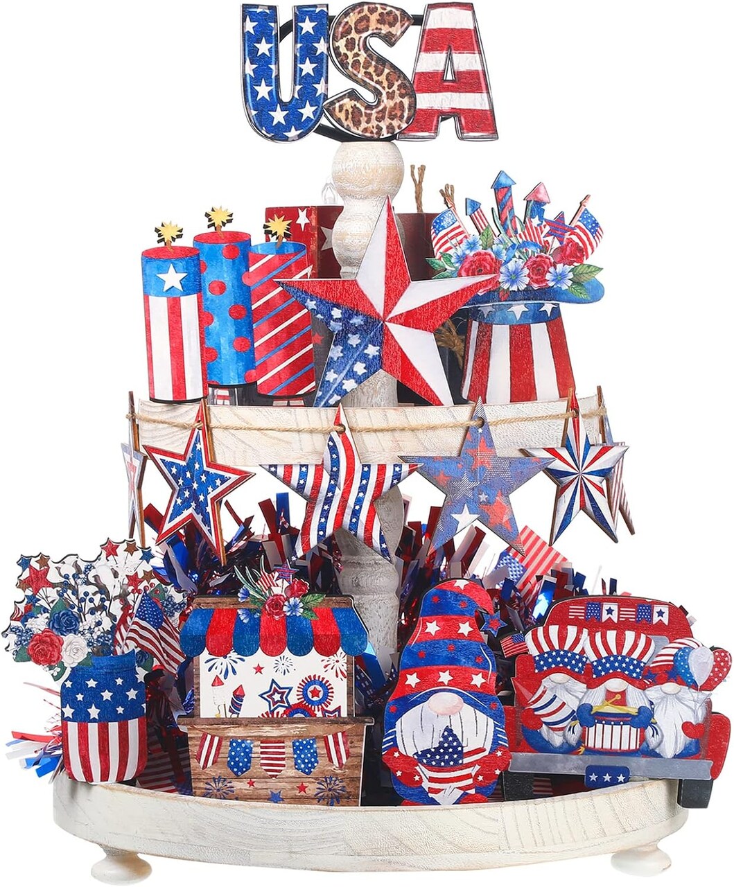 14 Pcs 4th of July Tiered Tray Decor Patriotic Table Decor Memorial Day Decorations Red White Blue Wooden Sign Farmhouse American Flag USA Flag for Independence Day Centerpieces